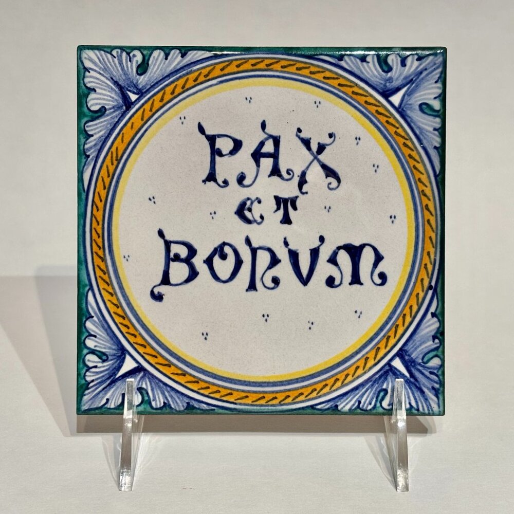 Hand Painted Italian Maiolica Ceramic Pax et Bonum Tile Made in Cannara Italy 5"